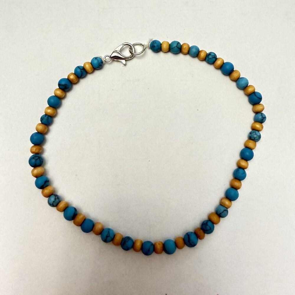 Blue & Brown Round Stone Beaded Bracelet/Anklet w/ Lobster Clasp